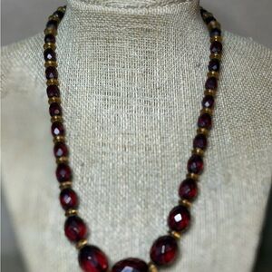 Vintage Cherry Amber Bakelite Faceted Beaded Necklace Gold Filled Clasp 18”